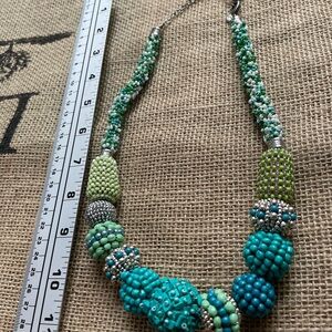 Vintage Chico’s Green Turquoise Beaded Adjustable Necklace - silver tone
